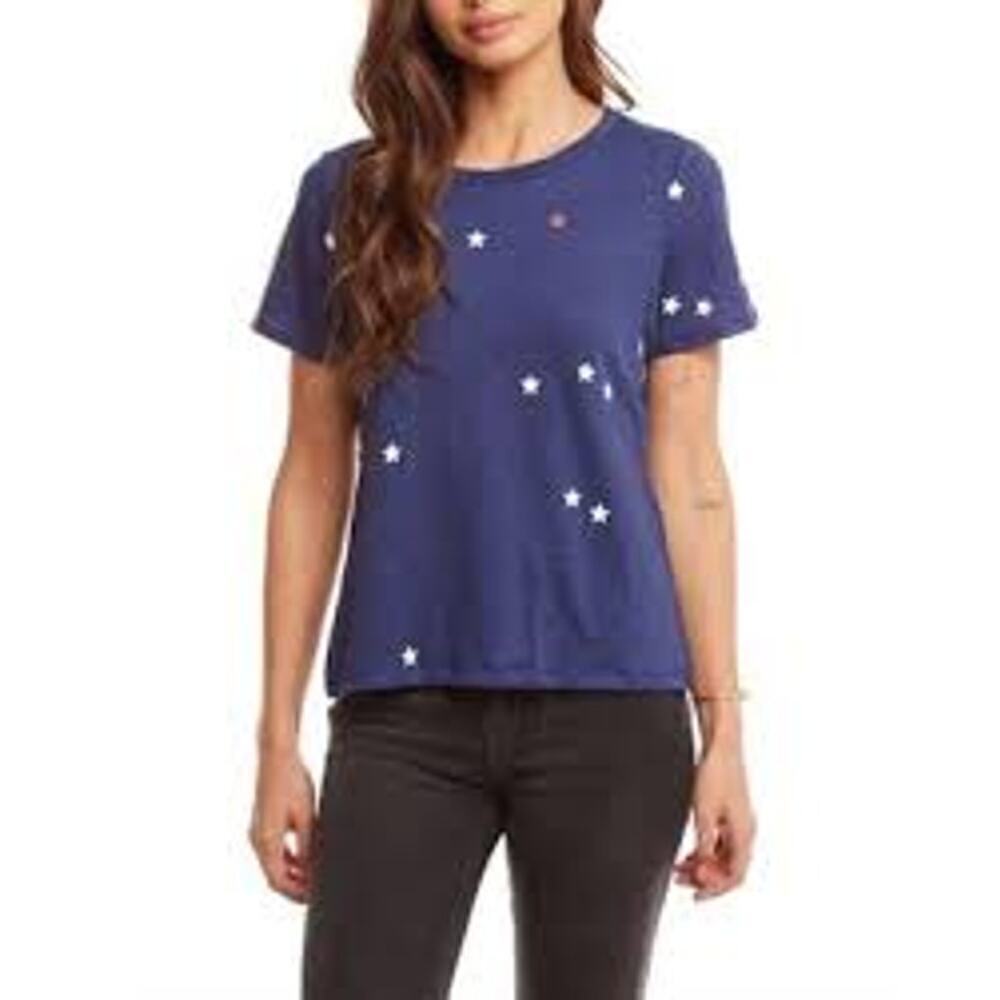Chaser Women's Open Back American Stars Tie Back Crew Tee Size M Blue White NWT